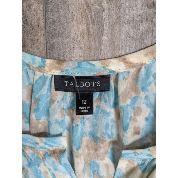 Talbots Top Women’s 12 100% Silk Button Front Shirt Blue Blouse Green Cap SS - Picture 4 of 6
